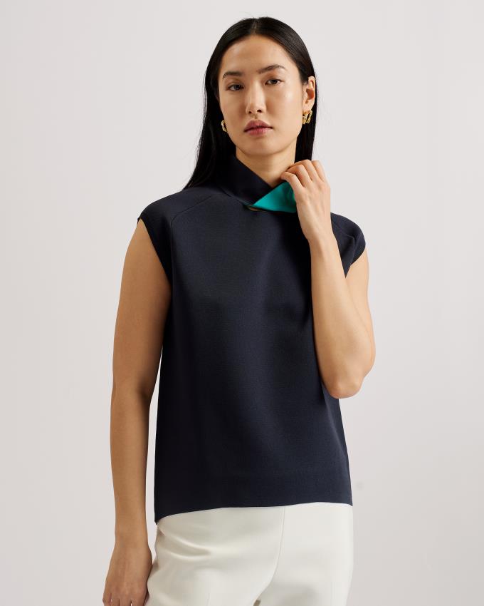 Hauts Ted Baker Straight Fit Twist Neck Knitted Bleu Marine Femme | RQY-39095045